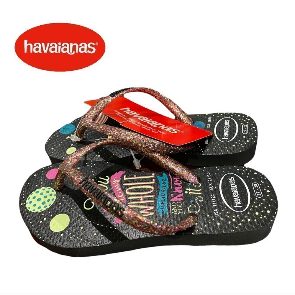 NEW Havaianas Black Pink "You Are My Whole Universe" Glitter Flip Flop Sandals